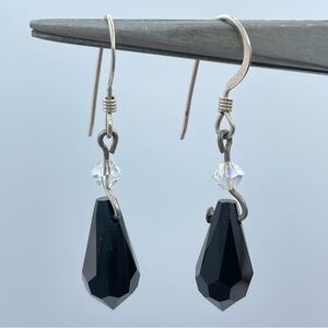 Sterling Silver Black Crystal Drop Earrings Faceted Teardrop Dangle
